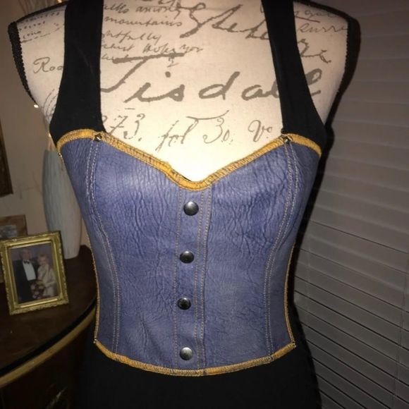 STUNNING BLACK WITH BLUE LEATHER DRESS - Picture 3 of 6